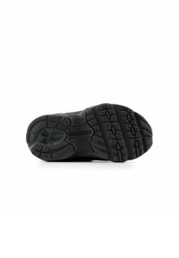 Black athletic shoe sole featuring textured rubber for grip, with a contoured design and flexible traction pattern. Branding visible.