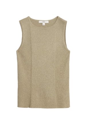Haut beige sans manches en maille côtelée avec col rond, texture douce et subtil scintillement, adapté pour un style décontracté ou élégant.