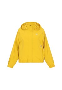 Żółta wodoodporna kurtka z kapturem, casualowy design, elastyczne mankiety i ściągany dół. Na piersi znajduje się małe białe logo w kształcie parasola.