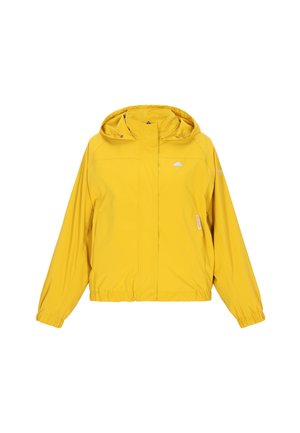 Giacca impermeabile gialla con cappuccio, design casual, polsini elastici e orlo arricciato. Presenta un piccolo logo bianco a forma di ombrello sul petto.