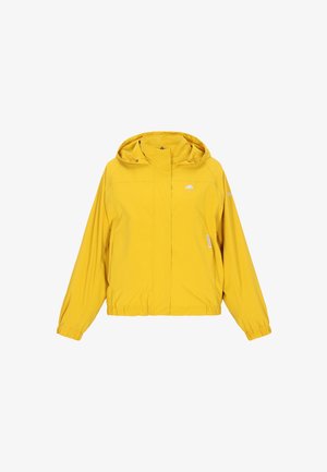 Giacca impermeabile gialla con cappuccio, design casual, polsini elastici e orlo arricciato. Presenta un piccolo logo bianco a forma di ombrello sul petto.