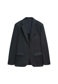 Blazer blu scuro realizzato in tessuto morbido, con rever a gola a lottino, due tasche frontali e due bottoni. Include una tasca sul petto.