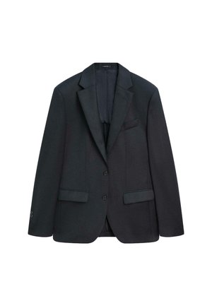 Blazer blu scuro realizzato in tessuto morbido, con rever a gola a lottino, due tasche frontali e due bottoni. Include una tasca sul petto.