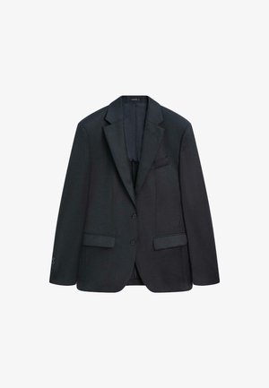 Donkerblauwe blazer van gladde stof, met een geklapte revers, twee vo zakken en twee knopen. Inclusief een borstzak.