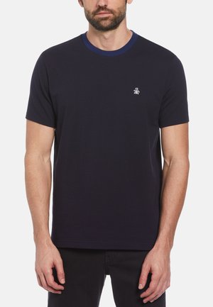 Navy blue, ribbed crew neck t-shirt with a blue collar, short sleeves, and small penguin logo on the left chest. Soft cotton fabric.