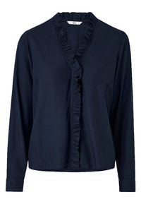 Navyblauwe blouse met lange mouwen, een gerimpelde voorkant en een V-halslijn. Gemaakt van zachte stof met een gladde textuur.