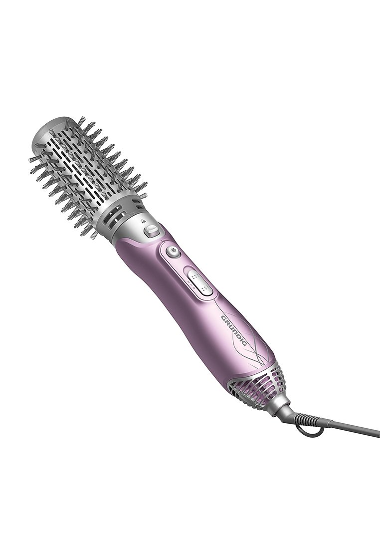 Haarföhnbürste in Metallic-Rosa mit rundem Bürstenkopf. Verfügt über einen Steuerknopf und ein Kabel auf einer Seite. Texturierter Griff für eine einfache Handhabung.