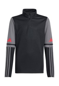 Schwarz- und grau langärmliger Pullover mit halbem Reißverschluss, ausgestattet mit roten Akzenten, drei Streifen an den Ärmeln und einem strukturierten Stoff.