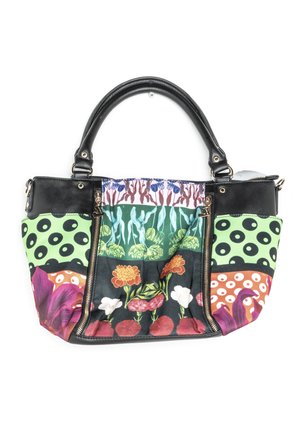 Sac à main avec poignées noires, poches avant zippées et motifs floraux colorés et à pois en vert, orange, rouge, violet et blanc.