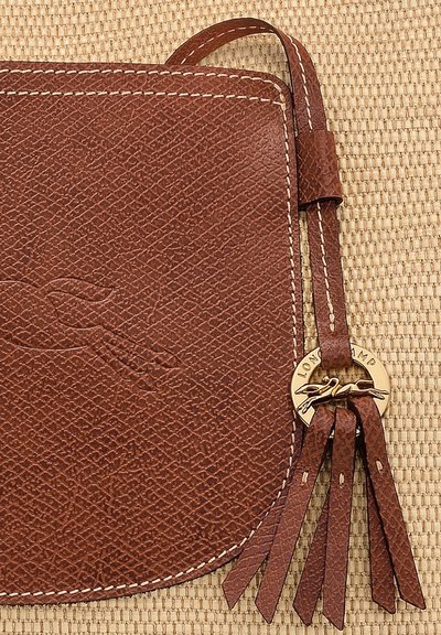 Brown leather pouch with textured surface and white stitching. Features a decorative gold hardware accent with leather tassels.