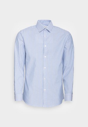 Blue and white vertical striped long-sleeve button-up shirt with a collar and cuffs, displayed against a plain background.