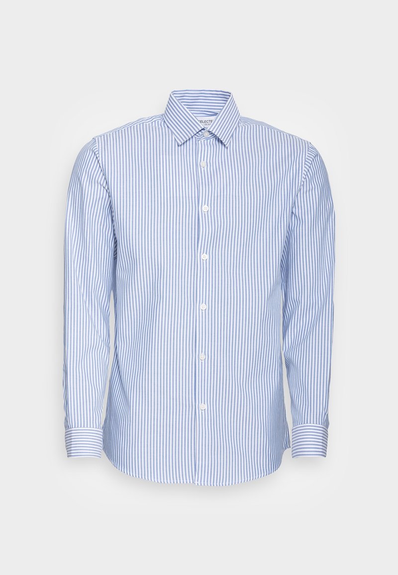 Camisa de botones de manga larga a rayas verticales azules y blancas, con cuello y puños, exhibida sobre un fondo liso.