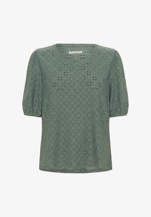 Olive green blouse with a textured, openwork design featuring geometric patterns and short puff sleeves. Round neckline, lightweight fabric.