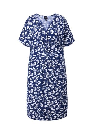 Vestido azul hasta la rodilla con patrón floral blanco, mangas cortas, escote en V y detalle fruncido en la cintura.