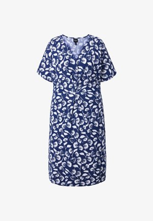 Vestido azul hasta la rodilla con patrón floral blanco, mangas cortas, escote en V y detalle fruncido en la cintura.