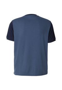 T-shirt z krótkim rękawem w dwóch odcieniach niebieskiego, z okrągłym dekoltem i gładką, lekko teksturowaną tkaniną. Widok od tyłu.