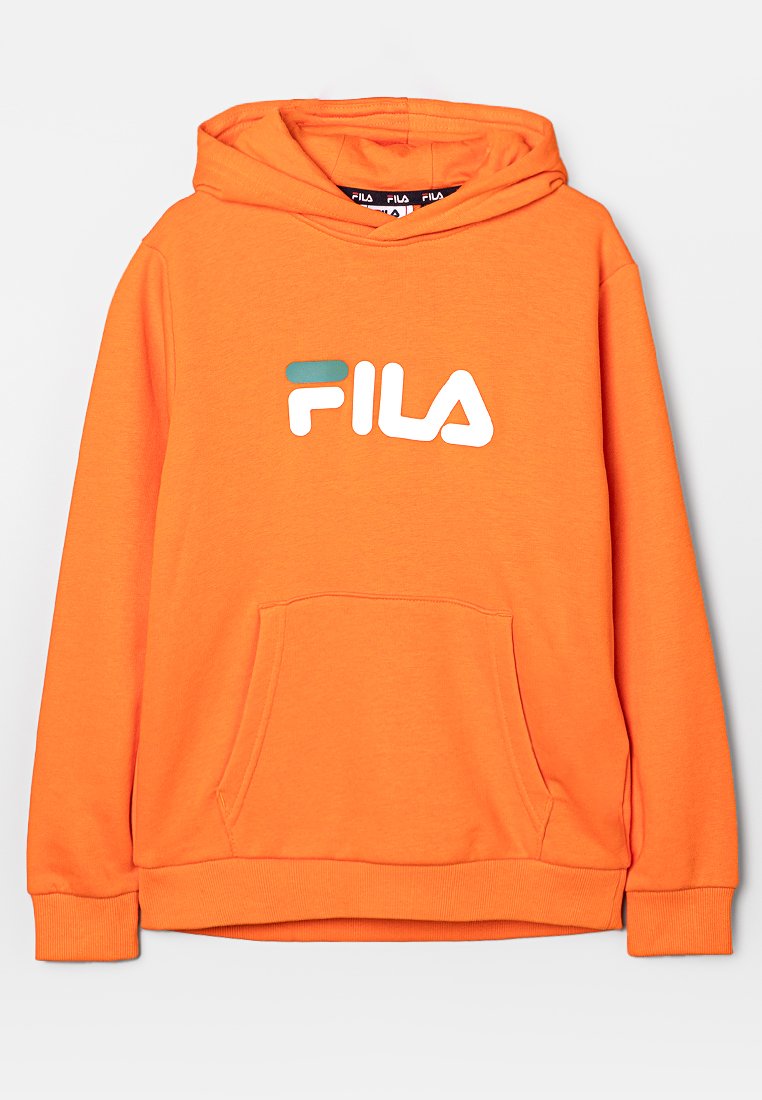 Sudadera con capucha naranja y bolsillo frontal, que presenta un logo de Fila blanco y un acento azul. Tejido suave, puños y dobladillo acanalados.