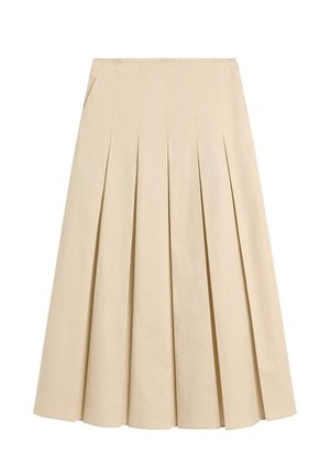 Beige plisseret midi-nederdel med høj talje og sidelommer, fremstillet af glat stof, vist mod en hvid baggrund.