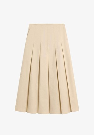 Beiger plissierter Midirock mit hoher Taille und Seitentaschen, aus glattem Stoff, vor weißem Hintergrund präsentiert.