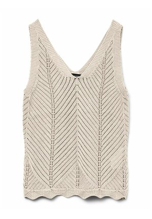 Débardeur tricoté beige avec un col en V, présentant un motif en chevron, une finition festonnée et de larges bretelles. Fabriqué à partir d'un fil texturé.