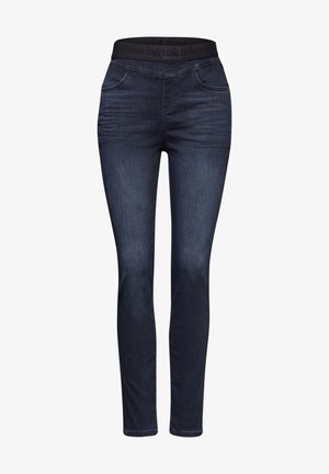 Dark blue skinny jeans with elastic waistband featuring subtle faded details and front pockets, designed for a comfortable fit.