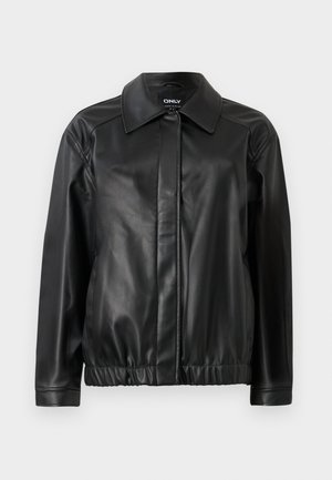 Svart skinnjakke med kragehalser, elastisk midje, lange ermer og glatt tekstur. Enkel design uten dekorasjoner.