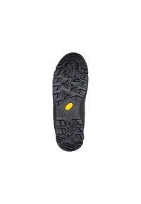 Tacco di scarpa da trekking in gomma nera con profondo motivo di trazione e logo Vibram giallo ben visibile, caratterizzato da una superficie ruvida e testurizzata per una migliore aderenza.