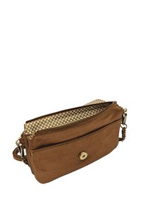 Sac bandoulière en suede marron avec fermeture éclair, doté d'un intérieur à motif floral et d'un détail en bouton pression doré.