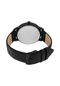 Schwarze Uhr mit einem runden Gehäuse, glattem schwarzem Lederarmband und Edelstahlboden. Verfügt über eine feststehende schwarze Krone und eine verstellbare Schnalle.
