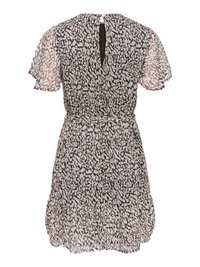 Robe courte à manches courtes, longueur genou, motif abstrait noir et blanc, ourlet à volants, ceinture à la taille et petite ouverture clé à l’arrière.