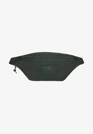 Sac fanny pack verde din țesătură, cu închidere cu fermoar, design plat și o mică etichetă cu logo. Fabricat dintr-un material durabil, având linii curate.