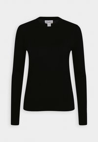 Pull noir à manches longues, ajusté, avec encolure ronde et petite étiquette de marque à l'intérieur du col, présenté sur un fond blanc uni.