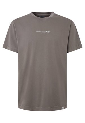 Graues Kurzarm-T-Shirt aus weicher Baumwolle mit Rundhalsausschnitt und einem kleinen weißen Drucklogo auf der Vorderseite. Mit geradem Saum.
