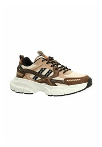 Sneakers with a beige mesh upper, brown accents, and textured design. Features black laces and a thick white sole. Black rubber outsole.