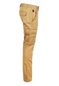 Beiga cargobyxor i slim fit, med flera fickor och en liten logotyp på framsidan av bältet. Tillverkade av slitstarkt tyg med en slät textur.