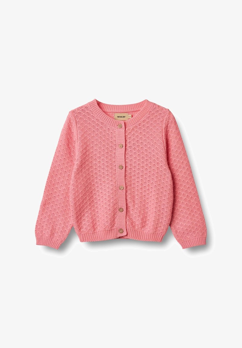 Rosa gestrickte Strickjacke mit einem strukturierten Muster, Rundhalsausschnitt und vorderer Knopfverschluss mit Holzknöpfen sowie gerippten Bündchen.