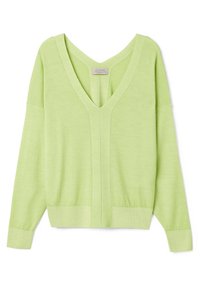 Maglione lavorato a maglia verde chiaro con scollo a V profondo, maniche lunghe e polsini e orlo a costine; texture liscia e design semplice.