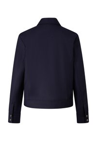 Navy blue long-sleeve jacket with a collar, buttoned cuffs, and a straight hem, shown from the back.