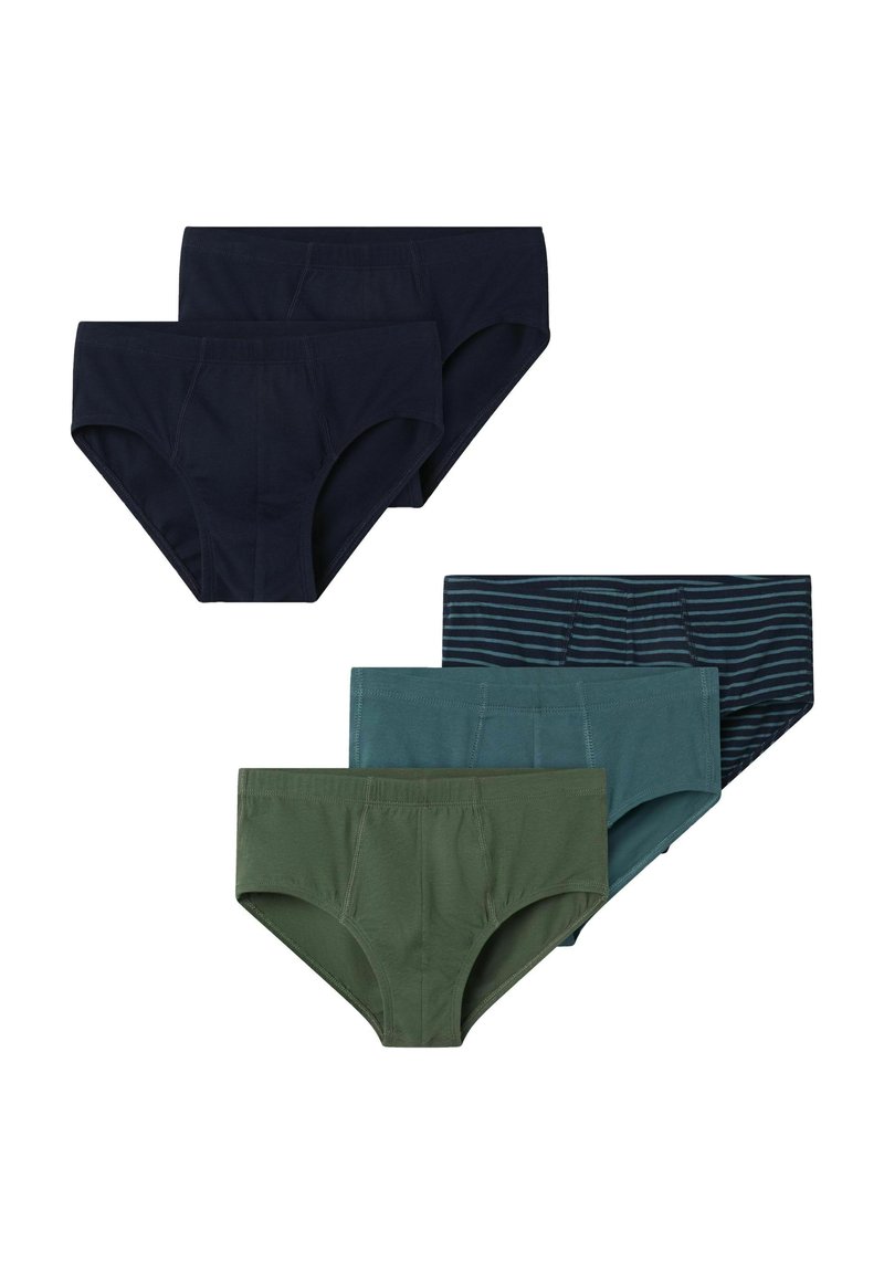 Patru perechi de chiloți din bumbac: culori solide în bleumarin închis, teal și verde, plus un model în dungi bleumarin și verde. Talie medie cu benzi elastice.
