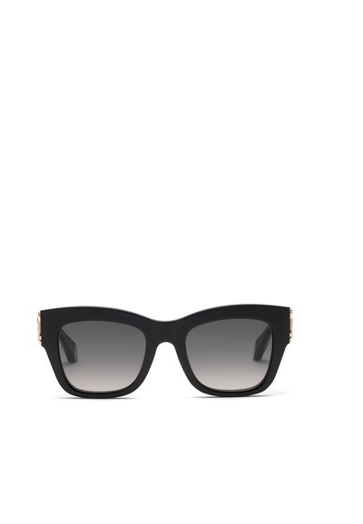 Lunettes de soleil rectangulaires noires avec des montures épaisses et des verres gris dégradés sur fond blanc.