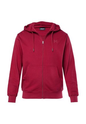 Rote Kapuzenjacke mit Reißverschluss aus weichem Material, mit einem vorderen Reißverschluss, Kordeln an der Kapuze und zwei vorderen Taschen zur Aufbewahrung.