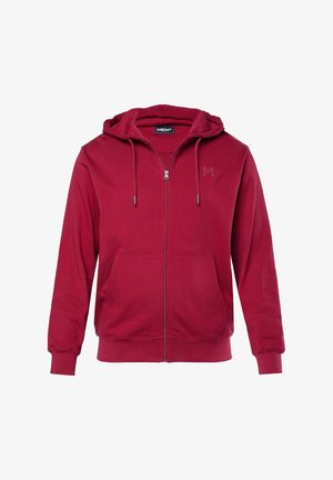 Czerwony rozpinany kaptur w miękkim materiale, z zamkiem z przodu, sznurkami w kapturze oraz dwoma przednimi kieszeniami do przechowywania.