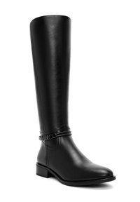 Tall black leather boots with a smooth texture, rounded toe, and a low block heel. Features a sleek ankle strap and buckle detail.