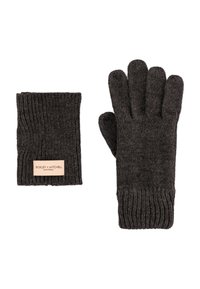 Dunkelgraue Strickhandschuhe und passendes, fingerloses Fäustlingspaar, beide mit gerippten Manschetten und einem Etikett mit der Aufschrift "Bickley + Mitchell Amsterdam."