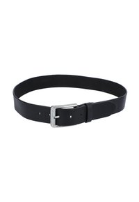 Cintura in pelle nera con una fibbia in metallo argentato. Presenta fori regolabili e una finitura liscia e opaca. Design semplice e funzionale.