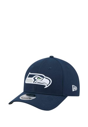 Navy baseball cap featuring an embroidered Seattle Seahawks logo in white and green, round crown, and curved bill, made of fabric material.