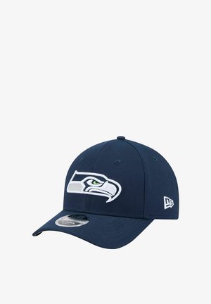 Navy baseball cap featuring an embroidered Seattle Seahawks logo in white and green, round crown, and curved bill, made of fabric material.