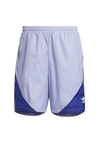 Pantaloni sportivi viola chiaro con accenti blu ai lati, vita elastica, due tasche laterali e un piccolo logo bianco sulla parte inferiore destra.