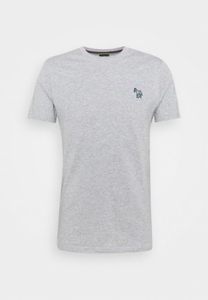 Light grey short-sleeve crew neck t-shirt with a small colorful zebra logo on the left chest.