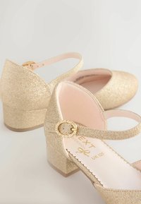 Kuldsete sädelevate Mary Jane kontsadega kingad, millel on jäme konts, pahkluu rihm koos ehtedega peaga ja pehme roosa sisetald. Suurus UK 12F.